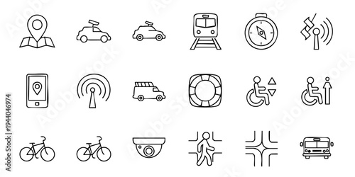 Transportation icons illustrate various modes of travel and communication devices on display