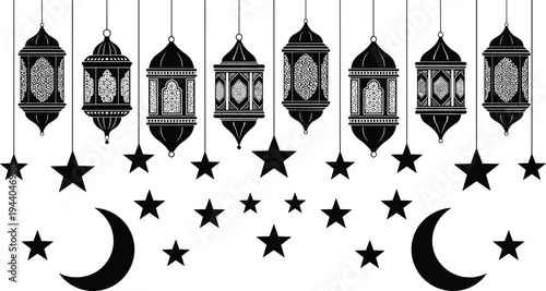 Ramadan hanging lantern silhouettes with crescent moon and stars decoration isolated on white background, traditional Arabic Islamic festive design for Eid Mubarak celebration