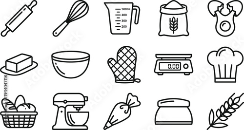 Baking and Pastry Equipment Line Icon Set featuring Kitchen Tools, Bread, Flour, Stand Mixer, and Chef Hat for Culinary Branding, Bakery Menu Design, and Cooking App Interface