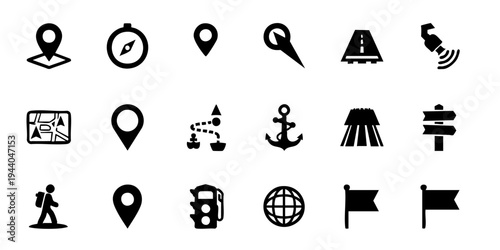 A collection of navigation and transportation icons on a white background.