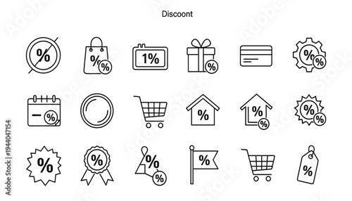 Discount and Sale Line Icon Set: Percentage Symbols for E-commerce Promotions, Coupons, Gift Boxes, and Retail Marketing Graphics.