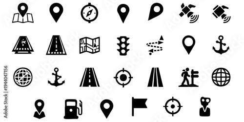 Various transportation and navigation icons are displayed on a map.