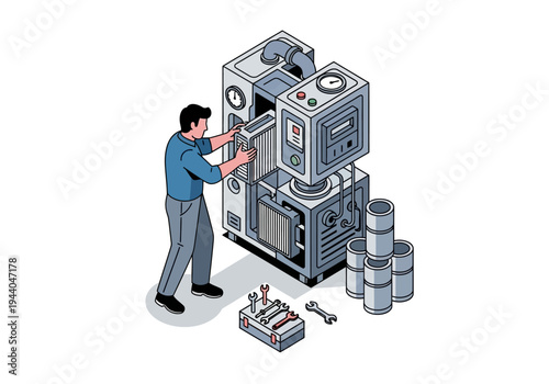 Technician Inspecting and Maintaining Industrial Equipment with Tools and Spare Parts
