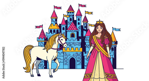 Princess with Horse and Castle - Fairytale Illustration