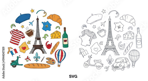 Parisian Icons Collage: Eiffel Tower, Croissant, Beret, Scooter, French Flag