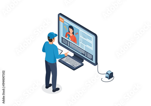 Isometric illustration of a person interacting with an online course on a large monitor, featuring a presenter and interactive elements