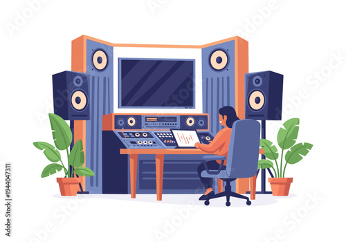 Woman working in a modern recording studio with audio equipment and speakers