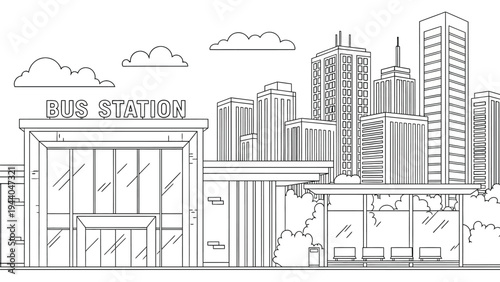 Outline vector drawing of a modern bus station with a city skyline and skyscrapers in background, perfect for a coloring book page