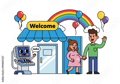 Happy pregnant couple arriving at clinic with friendly ultrasound machine greeting them