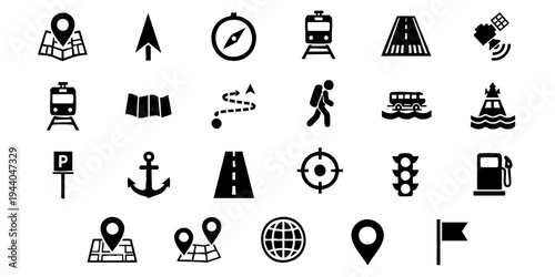 A collection of various transportation and navigation icons on a white background