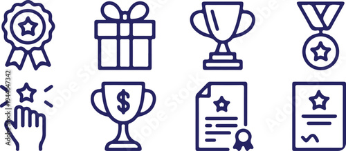 hand drawn bule award achievement outline icons set vector illustration design 