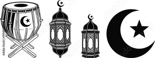 Ramadan Islamic symbols with lanterns, crescent moon star and traditional drum silhouette set isolated on white background for Eid Mubarak celebration design