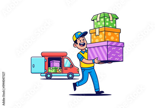Delivery person carrying stack of gift boxes next to a red van with open doors