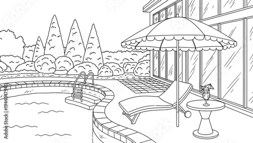 Outline drawing of a luxurious backyard swimming pool with a sun lounger, umbrella, and cocktail, perfect for a coloring book page