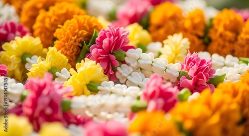 Vibrant floral garlands with pink yellow and orange marigolds and white jasmine flower garland floral arrangement