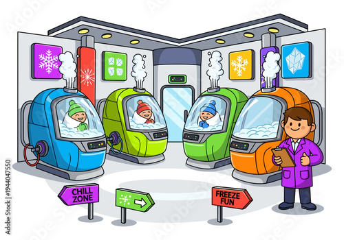 Cartoon illustration of people enjoying cryotherapy in colorful pods with a scientist overseeing