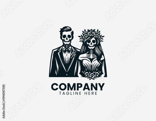 Skeleton bride and groom wedding couple in clean modern gothic romance vector illustration