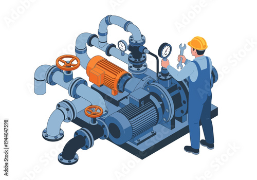 Industrial pump system maintenance illustration with mechanic inspecting machinery