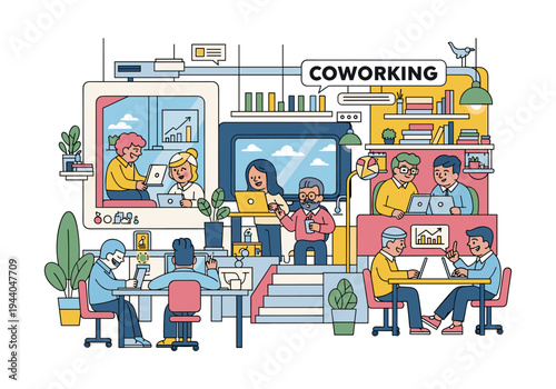 Diverse group of people working together in a modern, colorful coworking space