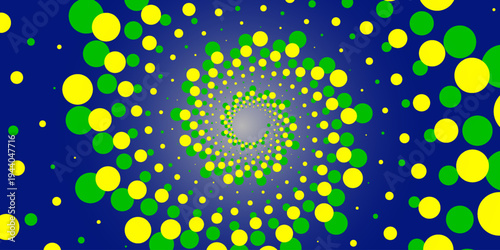 A mesmerizing digital artwork featuring a spiral pattern with vibrant yellow and green dots