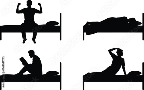 Silhouette set of man sleeping, waking, reading, and stretching in bed isolated on white background showing daily routine and lifestyle concepts