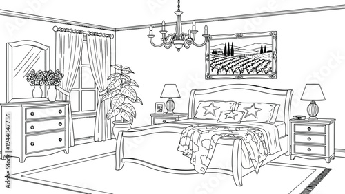 Outline drawing of a cozy bedroom interior with a large bed, nightstands, dresser, and plant, perfect for a coloring book page