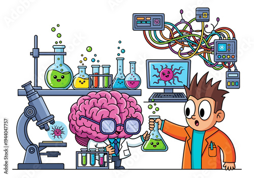 Cute cartoon characters in a science lab with colorful experiments and technology