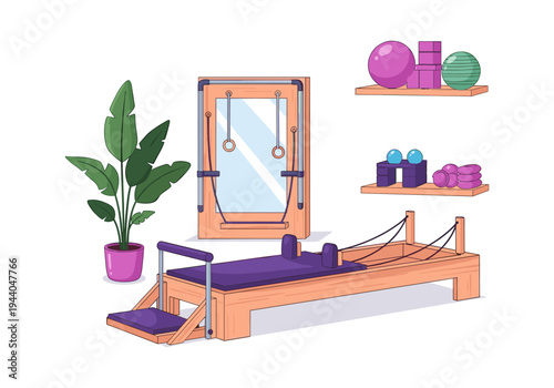 Pilates studio equipment with reformer, cadillac, and exercise accessories