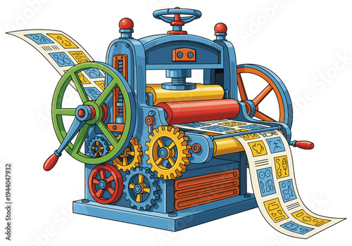 Vintage printing press machine with colorful gears and paper sheets coming out