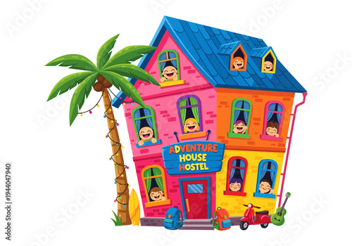 Vibrant cartoon adventure house hostel with happy children peeking from windows