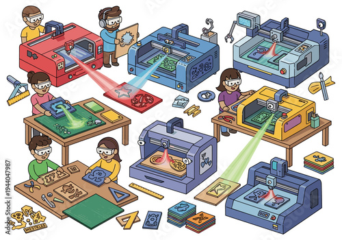 Diverse group of people using various laser cutters and 3D printers for creative projects