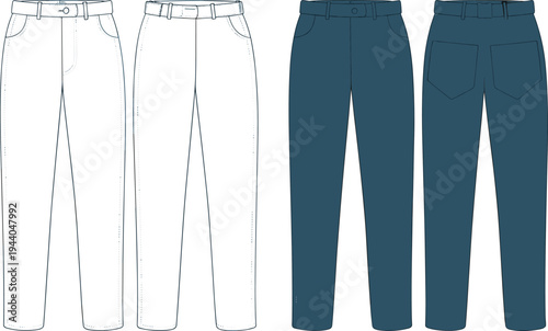Flat front and back view technical sketch of classic straight leg pants with belt loops, CAD vector for fashion design