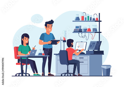 Scientists collaborating in a modern laboratory with advanced equipment and digital technology