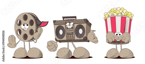 Retro cartoon cinema characters in groovy 90s style, cartoon vector isolated illustrations. Cute movie mascot set of popcorn snack bucket, film reel, and vintage tape recorder, funky comic design