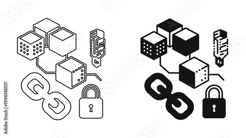 Blockchain Technology Icon  with Isometric Data Blocks, Security Chain, and Digital Encryption Key