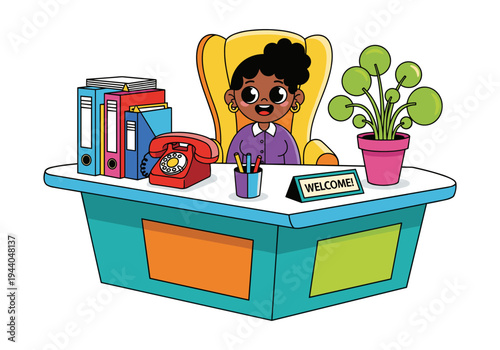 Friendly cartoon receptionist with curly hair sits at her desk with a welcome sign
