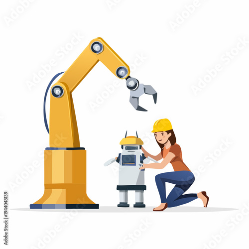 Female engineer developing robot with industrial arm in technology lab