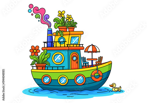 Whimsical cartoon tugboat with flowers, duck, and outdoor seating on the water
