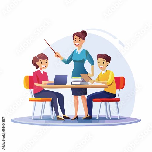 Happy Teacher Guiding Students in a Modern Educational Environment