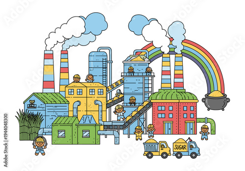 Cute cartoon sugar factory processing sugarcane into sweet sugar with happy workers