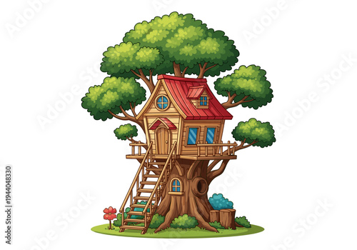 Charming cartoon treehouse with wooden stairs nestled in a lush green tree