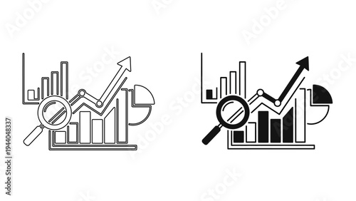 Business Growth Analytics Icon with Data Charts, Financial Bar Graphs, and Magnifying Glass for Market Research and SEO Reporting