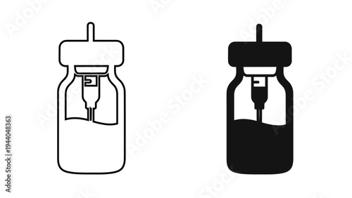 Medical Vaccine Vial Icon with Medicine Bottle and Injection Syringe for Healthcare and Pharmacy Concept