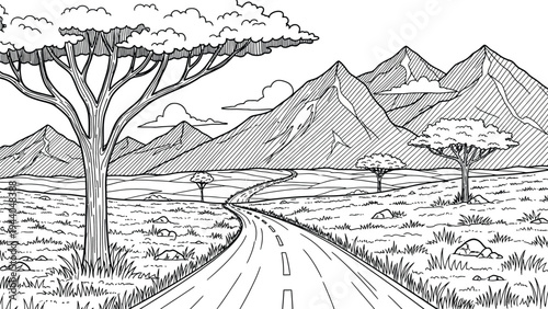 Open road winds through savanna landscape with acacia trees and distant mountains under cloudy sky inspiring travel