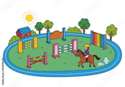 Cartoon equestrian jumping course with rider and horse on a sunny day