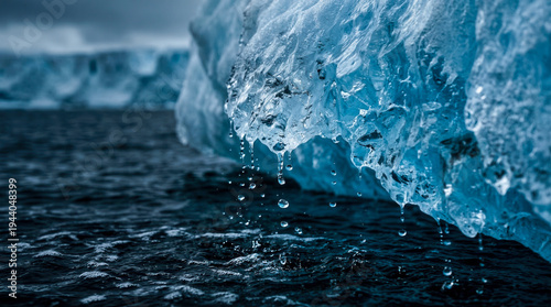 Close up of blue glacial ice melting into ocean water