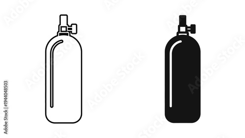 Oxygen Cylinder Icon Set with Medical Gas Tank and Scuba Diving Air Bottle in Outline and Solid Styles for Healthcare, Industrial Safety, and Diving Equipment Design