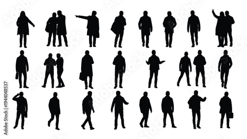 Collection of diverse human silhouettes in various poses and actions on white background