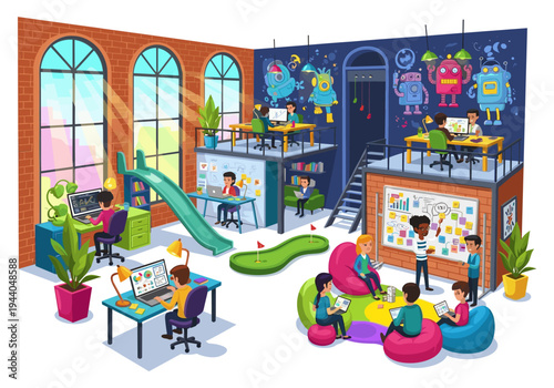 Modern office space with playful elements like a slide and mini golf for creative collaboration