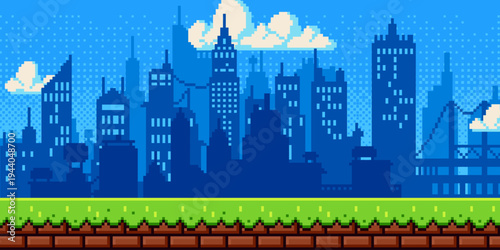 Pixel art city day background with retro 8-bit buildings, vibrant blue sky and green grass, cartoon vector illustration. Mosaic texture, urban game level design for arcade video games